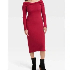 Universal Thread Off The Shoulder Midi‎ Bodycon Dress Ribbed NWT Medium Red